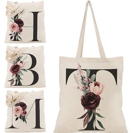 Floral Initial Canvas Bag Gifts for Women - 15"x16" Shoulder Tote Bags for Bridesmaids Hen Party Teacher Gift Shopping Bag C1 (Initial #T)