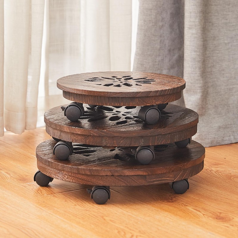 Wood Plant Stand Indoor,Plant Caddy with Lockable Wheels,Pot Stand,Rolling Plant