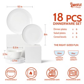 Sweese Porcelain Dinnerware Sets for 6, 18 Pieces Ceramic Plates and Bowls Sets, Handcrafted Minimalist Dinner Set, Chip and Scratch Resistant Dish Set, Dishwasher & Microwave Safe, White
