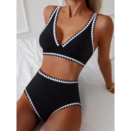MOOSLOVER Women Whip Stitch Bikini Sets Plunging High Waisted 2 Piece Swimsuit Summer Beach Swim Bathing Suits(XL,Black)
