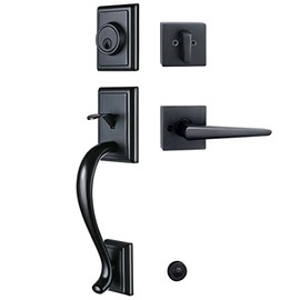 HISAFE Black Handleset for Front Door Entrance Keyed Handle Set with Square Lever Handle Featuring Keyed-Alike Cylinder for Right&Left Sided Door (11.2“ Long Handle for Single Door)
