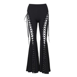 Insgoth Y2k Bell Bottom Pants for Woman Gothic Black Lace-Up Cutout Stretch Punk