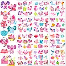 Tinoaly 12 Sheets Axolotl Stickers, Pink Cute Animal Stickers for Kids Teens & Adults Kawaii Axolotl Decals for Water Bottles, Laptop, Scrapbook, Classroom School Party Favors Birthday Decoration