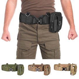 Tactical Battle Belt Set - Slim Airsoft Molle Belt with Metal Quick-Release Buckle, Includes Tactical Molle Pouch - Black