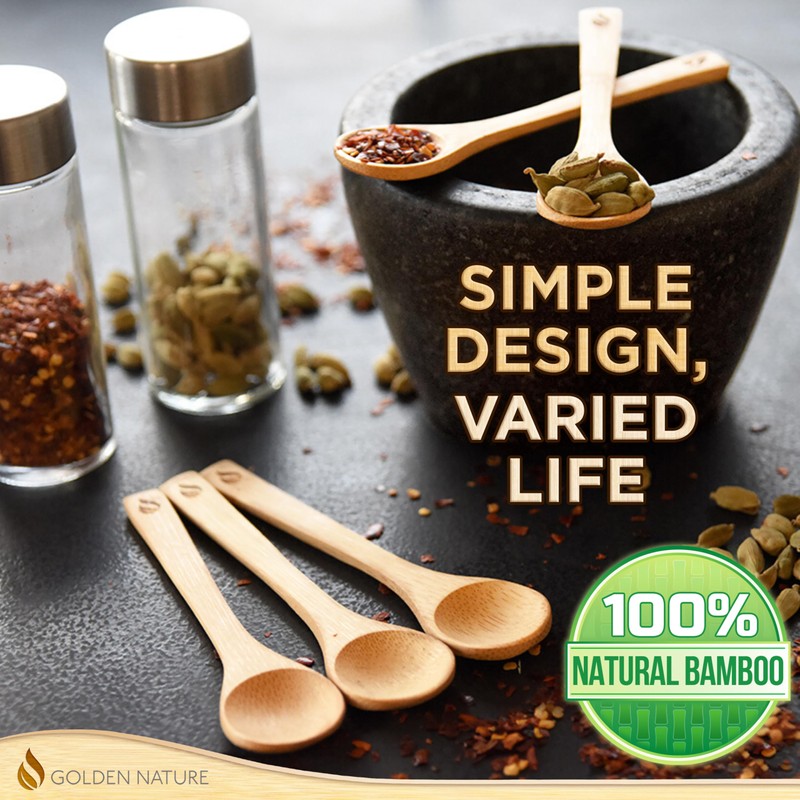 Golden Nature Bamboo Spoon Set (5 Pc), Small Kitchen Teaspoons,