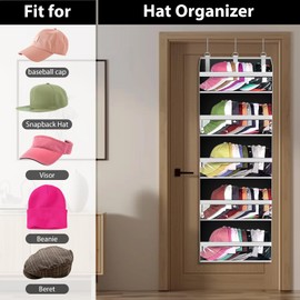 KYEVIS Over the Door Hat Organizer for Baseball Caps, Hold up to 60 Hats Rack Storage for Door/Closet/Wall, Clear Pockets Hanging Hat Holder for Baseball Caps with 10 Mesh Pockets, Grey