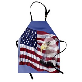 Ambesonne American Flag Apron, Bless America Banner in the Wind Eagle Double Exposure Citizen Image, Unisex Kitchen Bib with Adjustable Neck for Cooking Gardening, Adult Size, Blue Red