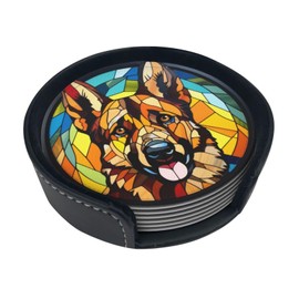 Drink Coaster Set of 6, German Shepherd Dog Mom Lover Gift,Leather Drink Coasters with Holder,6 Pack Cup/Bar/Drink Coasters for Table/Drinks/Coffee Protection Housewarming Gift