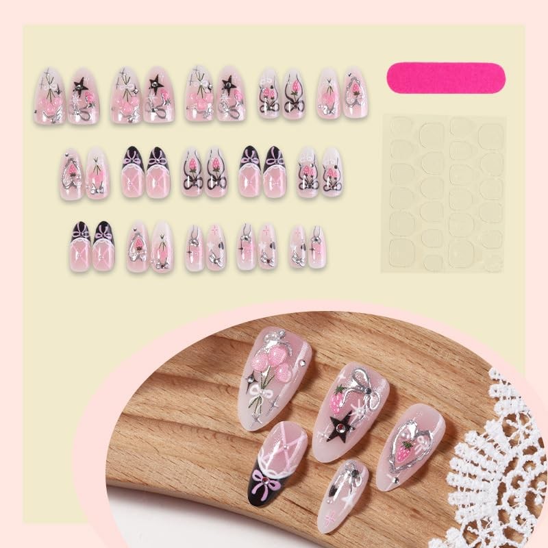 Bow Press on Nails Almond Medium Fake Nails with Love