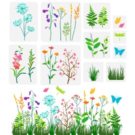 FINGERINSPIRE Pack of 11 Wild Flowers Stencils for Painting, Reusable Flowering Shrubs Stencil, Grass Leaf Stencil, Butterfly, Dragonfly Pattern Stencil, Craft Stencil for Painting on Wall