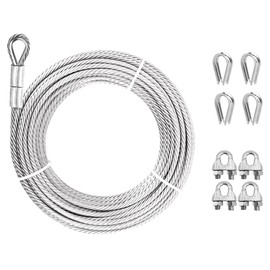 1/4" Steel Cable, Sunuwk 30Ft 7x19 Strand Aircraft Cable with Loops, 6400 Lbs Breaking Strength Heavy Duty Wire Rope with Clamps and Thimbles, for Zipline, Fencing, Sunshade, Deck Railing