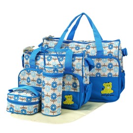 KOCASO 5PCS Baby Nappy Diaper Bags Set Mummy Diaper Shoulder Bags w/Nappy Changing Pad Insulated Pockets Travel Tote Bags For Mom Dad (Blue)