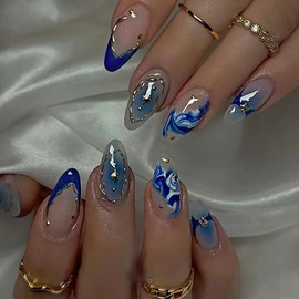 LBPEPAMZ 24Pcs Blue Ombre Press on Nails Medium Almond Fake Nails with 3D Gold Round Design Waves Stars Full Cover Glossy False Nails Blue French Tip Acrylic Stick on Nails Glue on Nails for Women