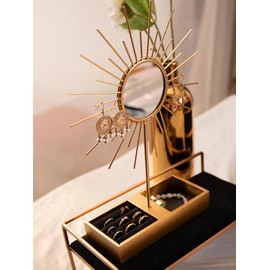 IELEPHONIX Elegant Metal Jewelry Stand with Mirror and Storage Box, Gold Metal Vanity Organizer for Rings and Earrings,Table Decor