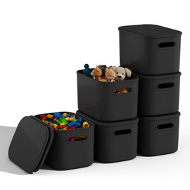 BOBIBOSS 6 Pack Black Storage Bins with Lids for Shelves, Plastic Storage Containers with Lids for Organizing, Stackable Storage Boxes with Handle, Black Storage Bins for Classroom, Craft, Snacks