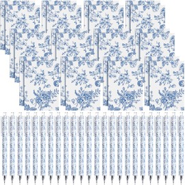 Engrowtic 24 Set Blue and White Floral Mini Notebooks and Ballpoint Pens Chinoiserie Vintage Pocket Notepads Gel Pens Small Journals for Bridal Wedding Baby Shower Back to School Gift