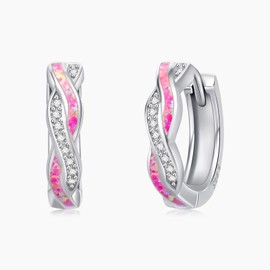 TakNii Hoop Earrings for Women S925 Sterling Silver Pink Opal Earrings Cubic Zirconia Hypoallergenic Huggie Earrings for Women Popular silver earringss Jewelry Gift