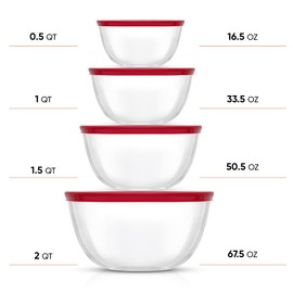 JoyJolt Kitchen Mixing Bowls - 8pc Glass with Lids Set – Neat Nesting Large Bowl Batter Cooking Storage and Big Salad BPA-Free Red