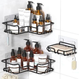 Corner Shower Caddy Adhesive, 3 Packs Shower Organizer with Soap Holder and 12 Hooks, Rustproof Corner Shower Shelves, No Drilling Shower Shelf