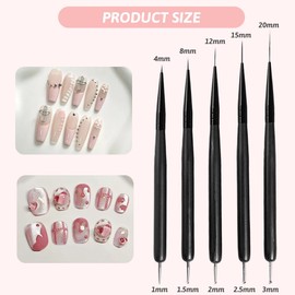 Flintronic 5Pcs Nail Art Liner Brushes, Painting Design Brush Set, Fine Drawing Nail Dotting Drawing Tool for Long Lines, Thin Details, Double-End Nail Art Tool 4/8/12/15/20mm for DIY & Professional
