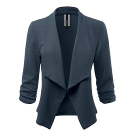 FASHIONOLIC Women's Stretch 3/4 Gathered Sleeve Open Blazer Jacket (Made in USA) (CLBC001) Charcoal 2X