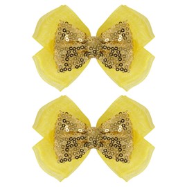 4" Daffodil Yellow Mesh Ribbon Hair Bow Clips with Glitter Gold Sequin Bow-knot Alligator Hairpins for Teens Toddler Girls Women Spring Summer Fall Dress decor Accessory