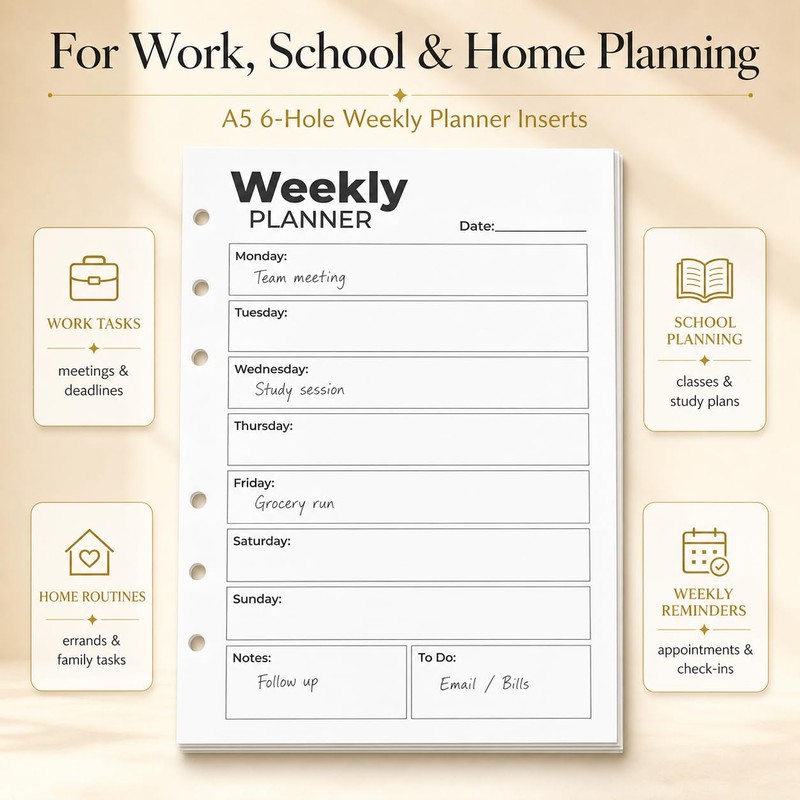 A5 Weekly Planner Inserts, Undated 6-Hole Refill Pages with Monday-Sunday