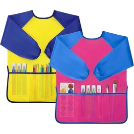 Kids Painting Apron 2 Pack, Waterproof Toddler Art Smock, Artist Smock for Kids Age 2-8 with Long Sleeve and 3 Pockets
