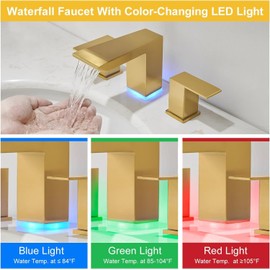 BESy Led 3 Hole Bathroom Sink Faucet, Brushed Gold Waterfall Wide Spread with 3 Colors Light Changing, Widespread Vanity Faucet 2 Handle with Supply Lines