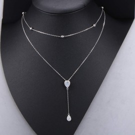Flyow Layered Necklace S925 Sterling Silver Teardrop Double Choker Y Lariat Necklace Jewelry Gifts for Women