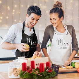 Prazoli His and Her Aprons - Mr Mrs Established 2025 Couples Engagement Gift, Cute Bridal Shower Gift Anniversary Wedding Registry Items & Decoration, Housewarming Gifts For New Home Newlywed Gift