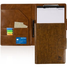 Agoer A4 Clipboard Folder,Faux Leather Conference Portfolio with Magnetic Closure Cover,Leather A4 Folder with Paper,Sticky Arrow Tabs,Pen,A4 Clip Board with Storage for Men & Women,Retro Brown