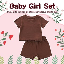 Dimoybabe Girls 3t Summer Clothes Toddler Girl Summer Outfits Clothes Set Ruffle Ribbed Short Sleeves T-Shirt Tops Shorts Comfy Outfits (Brown, 3-4T)