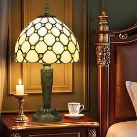 Ppbmocw Small Tiffany Style Stained Glass Table Lamp, 8 Inch Antique Handcrafted Desk Light for Bedside Living Room Bedroom Reding Office Home, 3 Color Temperatures Dimmable E26 Bulb (Beige Beads)