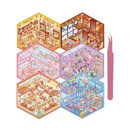 DIY 3D House Sticker, 6 Sets of Sticker Make Your Own Mini Shop Scenes Stickers for Kids Kawaii Cartoon Scene Stickers for Adult Relief Stress Pass The Time Easter Basket Essentials