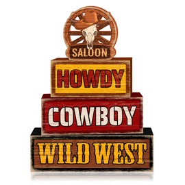 Britimes 4 Pcs Western Cowboy Tiered Tray Decorations Set Saloon Stack Block Signs Skull Hat Wild West Rustic Tabletop Decor for Table & Home Office (Western Cowboy)