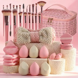 Juego de Brochas de Maquillaje con Esponjas, Fibra Sintética Premium, Incluye Brocha para Base, Polvos, Corrector, Sombras de Ojos, Rubor, Diadema con Moño y Bolsa de Viaje, Rosa (pink)