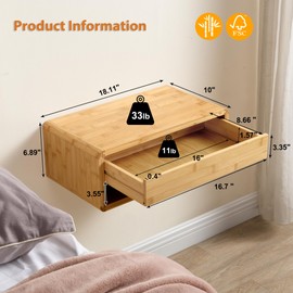 GugiNest Bamboo Floating Nightstand with Storage Drawer, Fully Assembled Wall Mounted Bedside Table with Open Shelf, Modern End Table for Bedroom, Natural