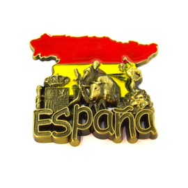 BETTER WITH FRIENDS 3D Metal Fridge Magnet. 8 cm x 6 cm Torro, Flag, Spanish Flamenco Dancer. Flag of Spain. Polka Dot Dress with Pericon Figure. Sevillian Fan