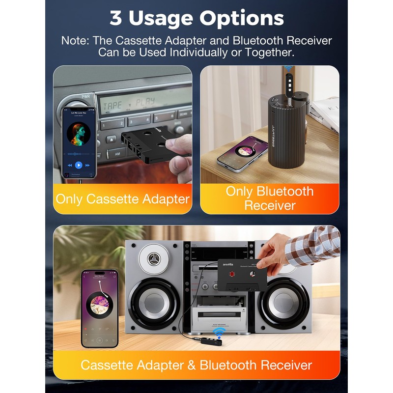arsvita Car Audio Cassette to Aux Adapter, 5.1 Bluetooth Receiver