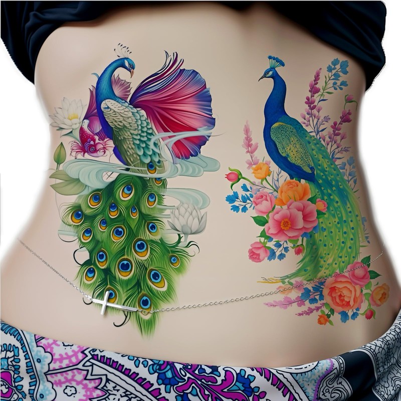 Nirbffo Large Temporary Tattoos Peacock Flowers Legs Arm Belly Back