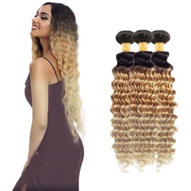 Weave Hair Human Bundles Deep Wave Ombre 1B27613 Brazilian Remy Hair Weave For Women Three Tone Ombre Hair 3 Bundle Honey Blonde Color Hair Bundle 22 24 26 inch