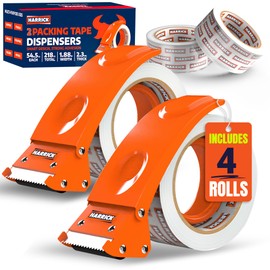 Clear Packing Tape with Dispenser 1.88 inch - Metal Strong & Durable Heavy Duty Packing Tape with Dispenser - Strong Strapping Tape with Dispenser Easy Tear & Seal - 4 Rolls / 2 Dispenser / 218 Yards