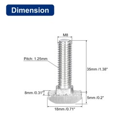 QUARKZMAN Pack of 20 T-slot bolts, M8 x 35 mm hammer head screw, T-screw insert bolt for 4040 series, T-grooves, aluminium extrusion profile, carbon steel, nickel-plated, silver