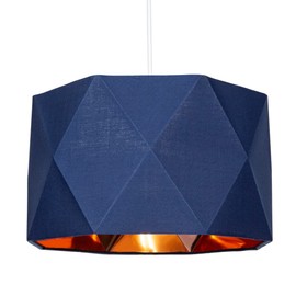 Navy Midnight Blue Cotton Fabric 32cm Geometric Designer Lamp Shade with Inner Brushed Copper Metal Effect Lining| 60w Maximum | for Table or Pendant by Happy Homewares