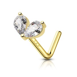 COCHARM 14K Solid Gold Flower Nose Stud 20g Yellow Gold L Bend Nostril Nose Stud 7mm Long Nose Piercing 14kt Real Gold Nose Stud Nose Ring Sparkling CZ Nickle Free Nose Bone