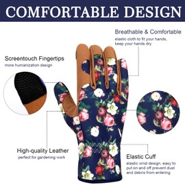 MERTURN Women's Large Deep Blue Leather Gardening Gloves, Touch Screen Design, Durable and Breathable, Suitable for Planting, Digging, Weeding, Raking, Pruning