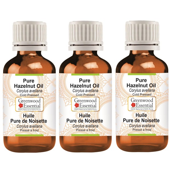 Greenwood Essential Natural Hazelnut Oil (Corylus avellana) Natural Pure Therapeutic Quality Cold Pressed (Pack of Three) 100 ml x 3 (10 oz)