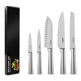 Silver Kitchen Knife Set of 5 - Satin Finish Blade & Hollow Handle, Includes 8" Chef, 8" Bread, 8" Santoku, 5" Utility & 3.5" Paring Knife!