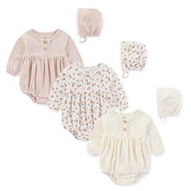 Ecojoy Baby Girl Vest 3 Pieces Grow Long/Short Sleeve Summer Fall Bodysuit with 3 Headbands/Hats, Pink and White Long-sleeve